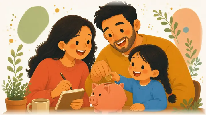 La familia ahorra en la mesa de la cocina