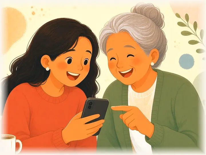 Mamá y la abuela revisan juntas algo en el teléfono
