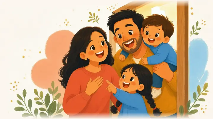 La familia se asoma emocionada a una casa