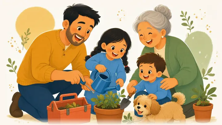 La familia cuida su casa y su jardín