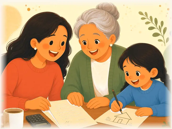Mamá y la abuela revisan una carta anual; Sofía dibuja una casita